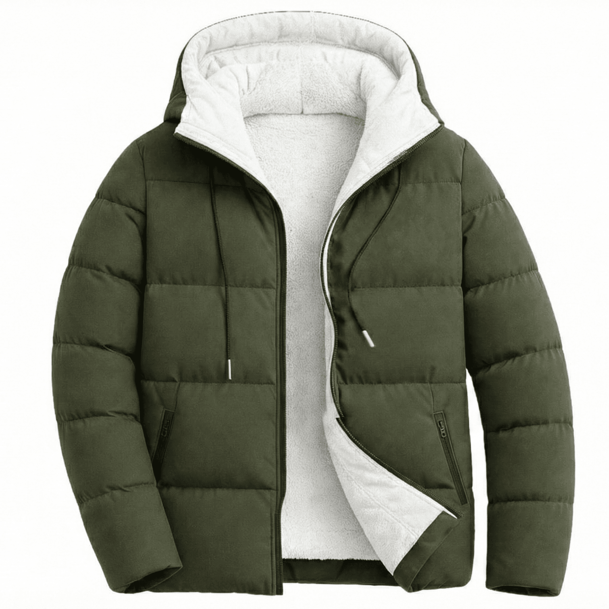 Beyaz Polar Sade Haki Şişme Mont